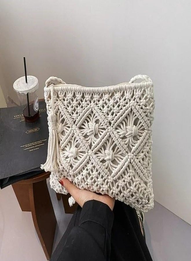 GUL DECOR حقيبة كتف نسائية من غول ديكور مصنوعة بتقنية المكرمية، حقيبة يد محبوكة يدوياً، حقيبة شاطئ بسيطة مجوفة، لون أبيض - المقاس: عرض 25 سم × طول 20 سم، لون أبيض كريمي - Image 4